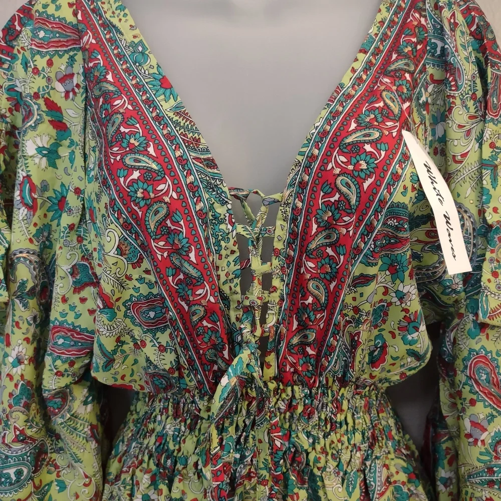 White Waves NWT Silk Blend Paisley Lace Up Boho Dress Made in India - Picture 6 of 15